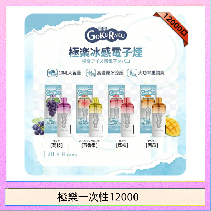 【8種口味】極楽 12000口一次性電子煙|超大容量 |口感絲滑|新品